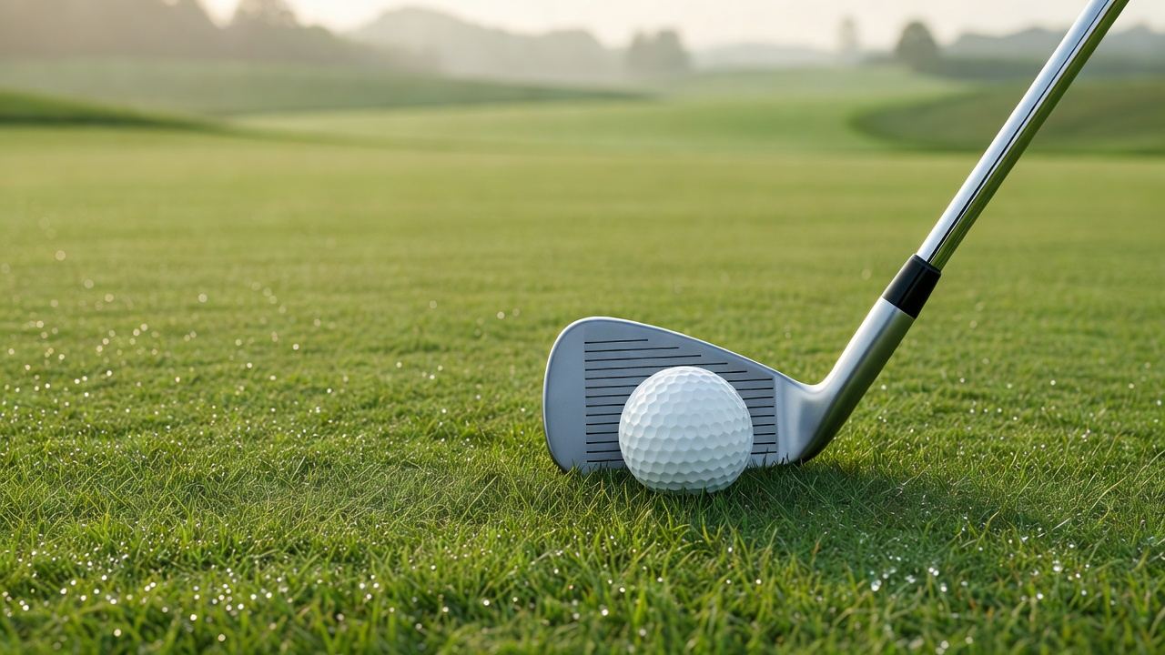 Golf ball beside an iron on dewy grass