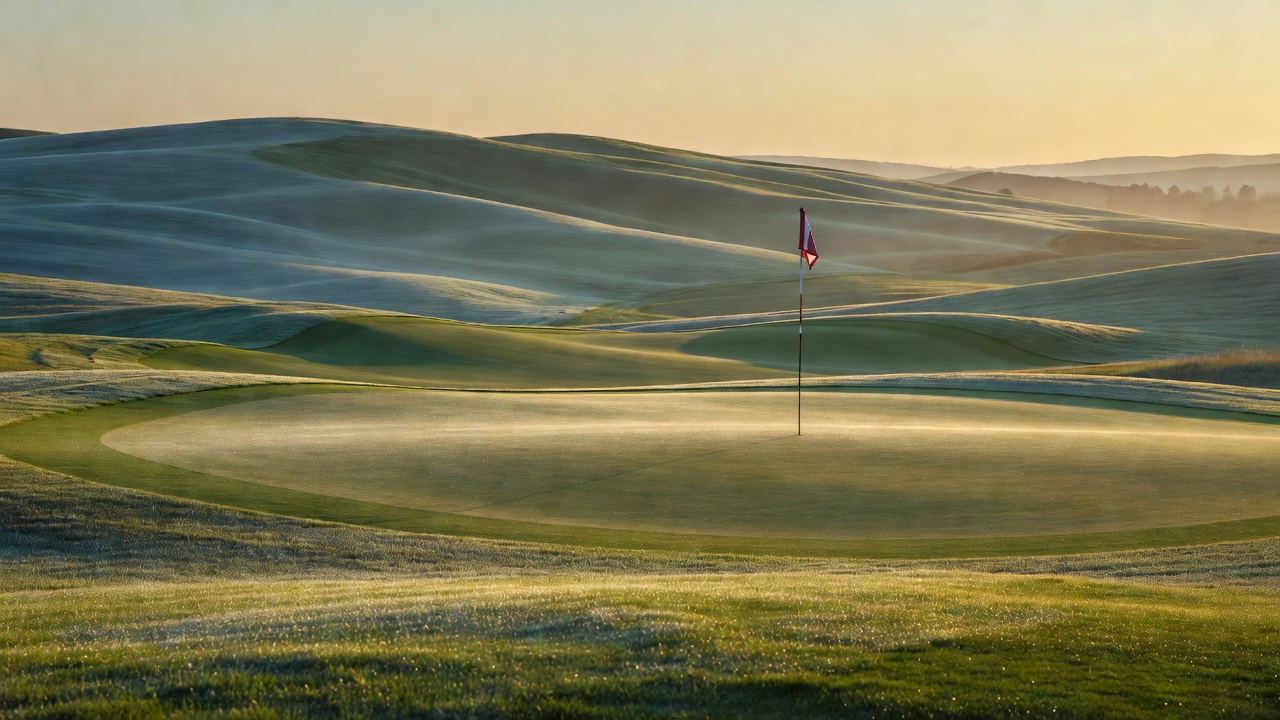 Rolling fairways and a flagged green in early-morning mist