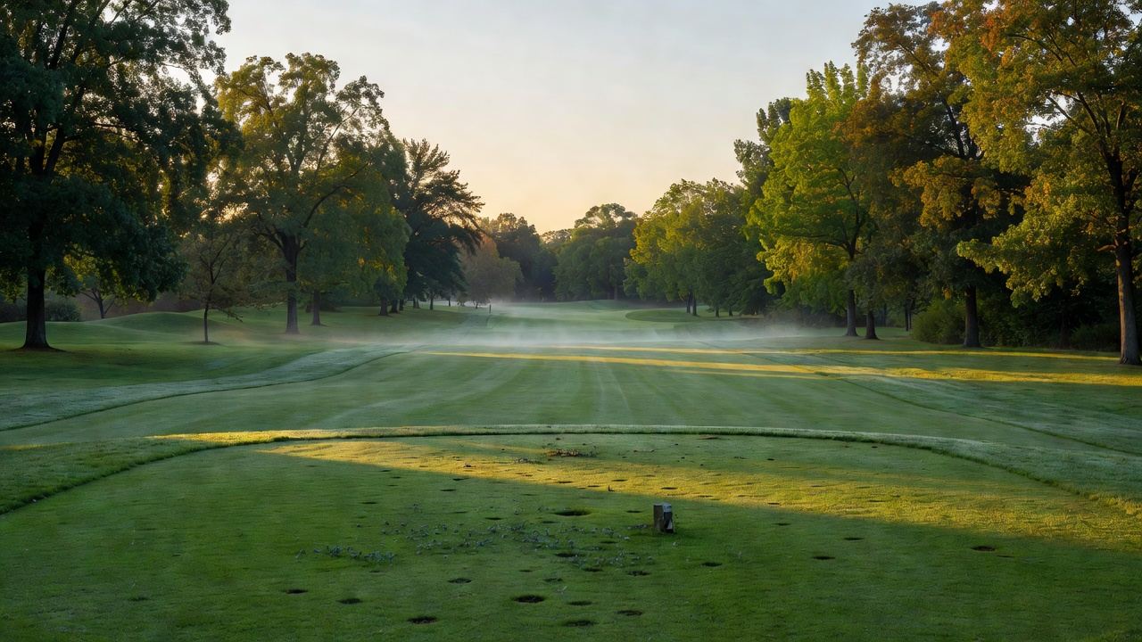 Tree-lined fairway seen from a tee box at sunrise, with morning mist